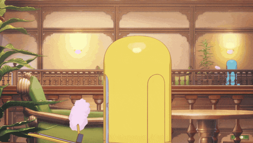 a cartoon drawing of a room with a yellow object in the middle