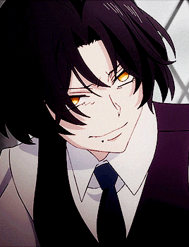 a close up of a anime character wearing a suit and tie with yellow eyes