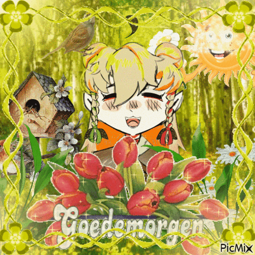 a picture of a girl with flowers and the words goedemorgen on it