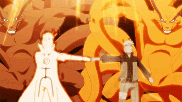 a man in a white robe is standing in front of a giant orange monster