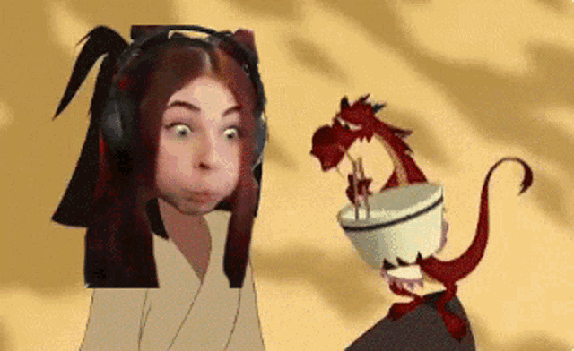 a woman wearing headphones looks at a cartoon dragon with a bowl in its mouth