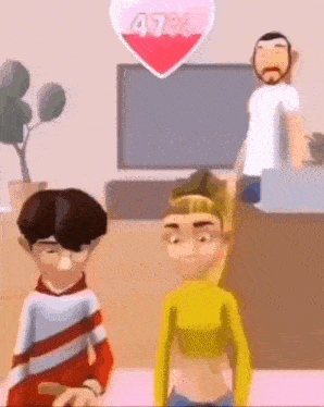 a man and a woman are standing next to each other in a living room with a heart in the background .