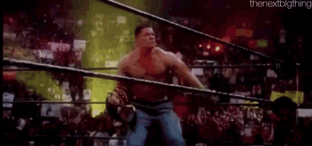 a shirtless man is standing in a wrestling ring .