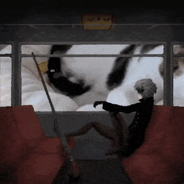 a pixel art of a person looking out a window at a cat with the word ufo on the ceiling above them