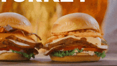 two sandwiches are on a table with the word turkey in the corner