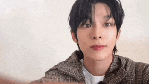 a young man wearing a plaid shirt and a white shirt is taking a selfie .