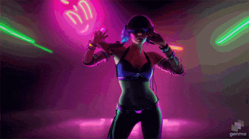 a woman is dancing in front of a neon sign that says ' genmo ' on it