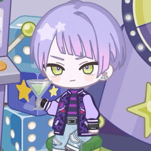 a cartoon character with purple hair and green eyes holds a martini glass