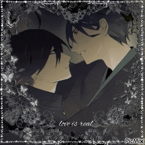 a picture of two men kissing with the words love is real on the bottom