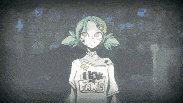 a girl wearing a shirt that says love family