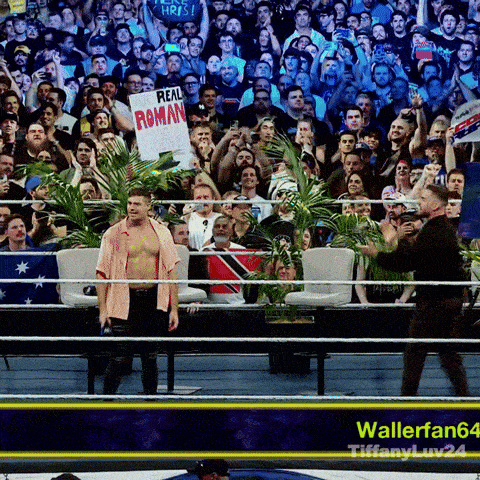 a man stands in front of a crowd holding a sign that says " real roman "