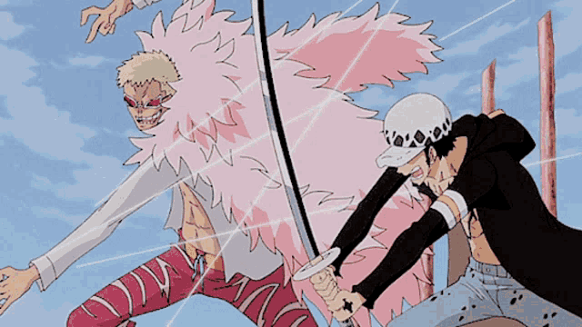 two anime characters are fighting each other and one has a sword in his hand