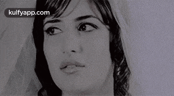 a close up of a woman 's face with a veil on her head .