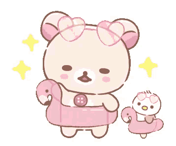 a pink teddy bear is holding a pink flamingo float and a penguin is holding a flamingo float .