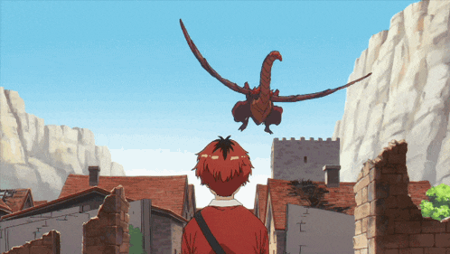 a dragon is flying over a man 's head in a cartoon