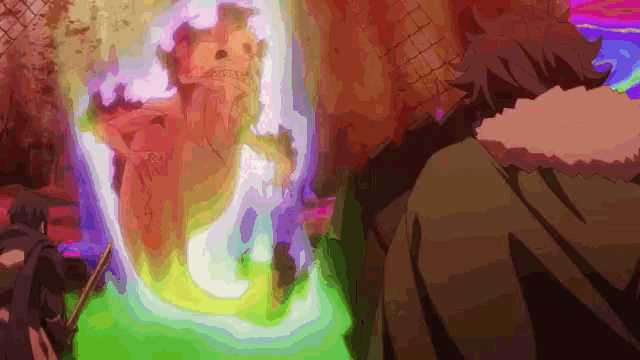 a man in a cape is standing in front of a colorful monster