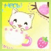 a white cat is sitting next to a strawberry on a yellow and green background .