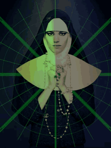 a nun holding a rosary in front of a green circle