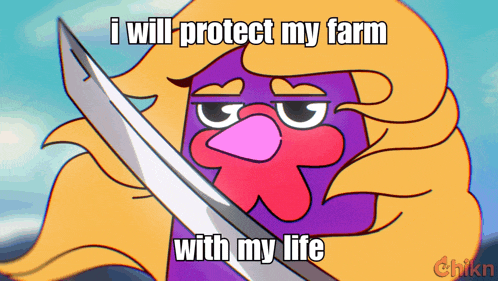 a cartoon of a chicken holding a sword with a caption that says i will protect my farm with my life