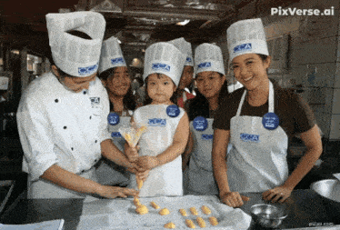 a group of people wearing chefs hats and aprons with a little girl holding a pastry