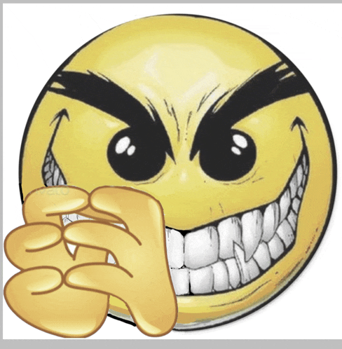 a yellow smiley face with a black eyebrow and a huge smile