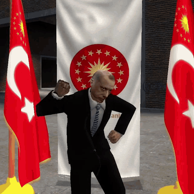 a man in a suit and tie is standing in front of a flag that says " anv "