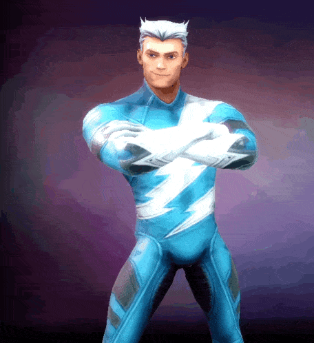a man in a blue suit with a lightning bolt on his chest stands with his arms crossed