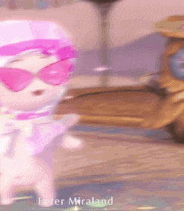 a cartoon character wearing pink sunglasses and a pink hat