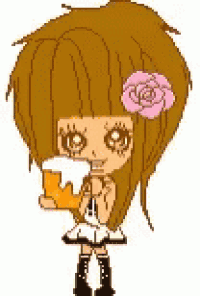 a cartoon girl with a flower in her hair is holding a beer .