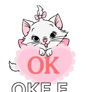 a white cat is holding a pink cloud that says ok .