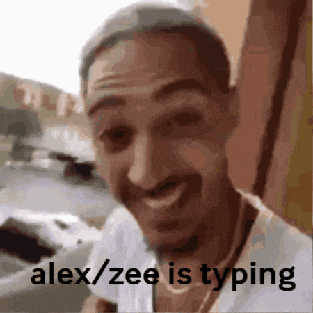 a man with the words alex/zee is typing written on his face