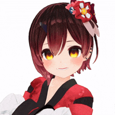 a girl with red hair and yellow eyes is wearing a red kimono