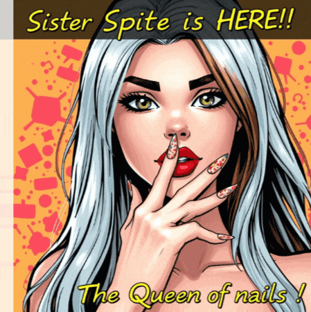 a comic book drawing of a woman with the words sister spite is here the queen of nails