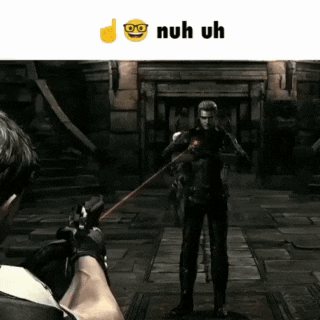 a man is holding a gun in front of another man in a video game and the words nuh uh are above him .