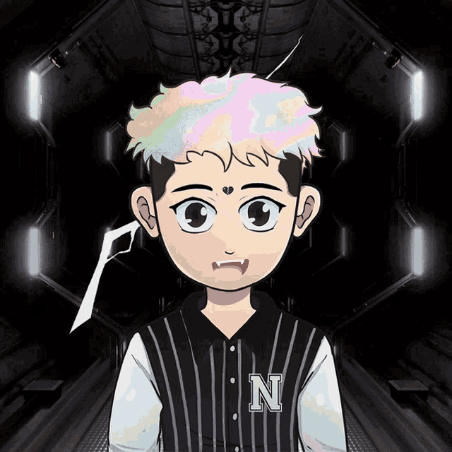 a cartoon character with pink hair and the letter n on his jacket