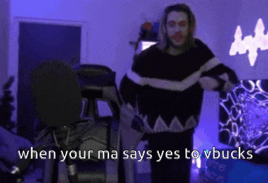 a man is dancing in front of a microphone with the words when your ma says yes to vbucks written below him .
