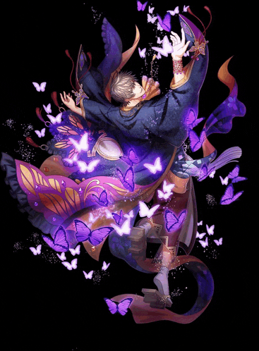 a man in a kimono surrounded by purple butterflies on a black background