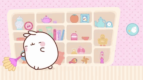 a cartoon character is standing in front of a shelf full of toys and books