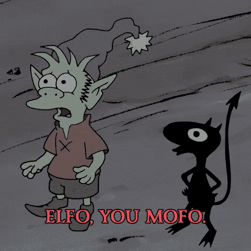 a cartoon elf is standing next to a demon with the words elfo you mofo