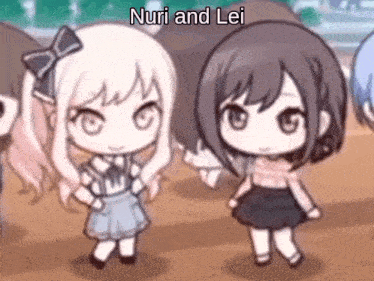 two cute anime girls are standing next to each other in a crowd .