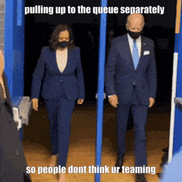a man and a woman wearing masks are pulling up to the queue separately so people dont think ur teaming