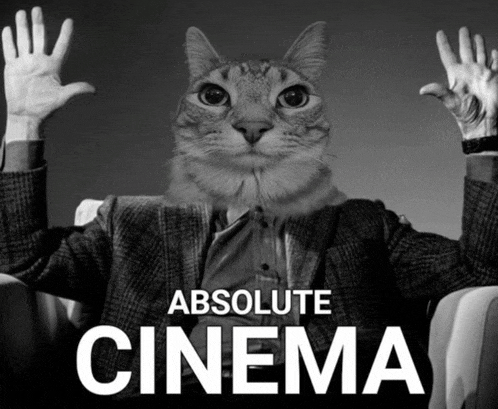 a black and white photo of a man with a cat 's head and the words absolute cinema above him