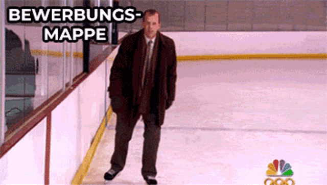 a man in a suit and tie is skating on a rink with the words bewerbungs-mappe written above him
