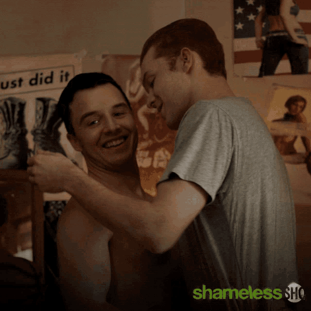 a poster for shameless shows two men hugging one another