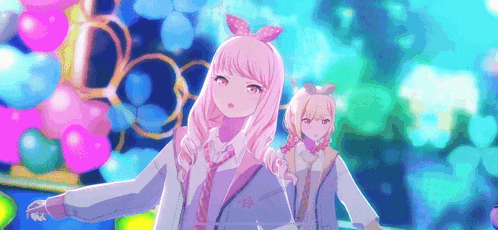two anime girls with pink hair are standing next to each other in front of balloons