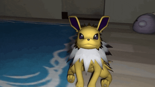 a cartoon eevee is sitting in front of a blue pool