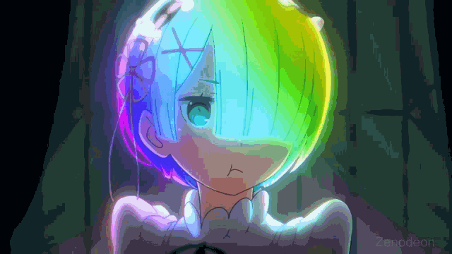 a drawing of a girl with a rainbow hair covering her eyes