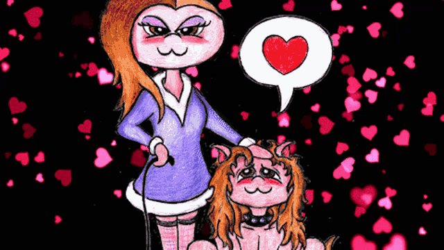 a cartoon of a woman standing next to a cat with a heart speech bubble