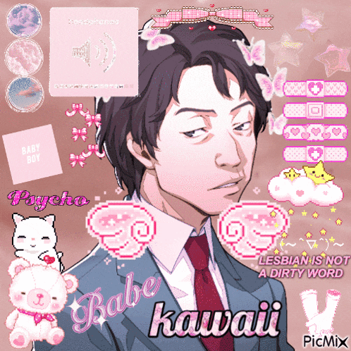 a man in a suit and tie is surrounded by pink stickers that say psycho babe kawaii