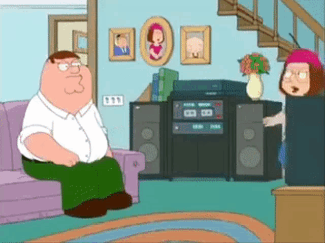 a cartoon of a man sitting on a couch talking to a woman